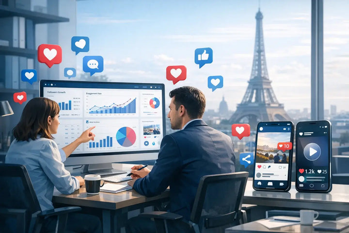 Two professionals analyzing social media engagement data on a large screen in a modern office with Paris skyline view, showing charts, graphs, and mobile app interactions to improve audience engagement.