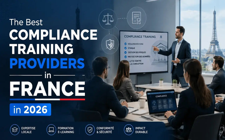 The image features a professional compliance training presentation in France, with the Eiffel Tower in the background. The speaker discusses topics like regulations, ethics, risk management, and data protection.