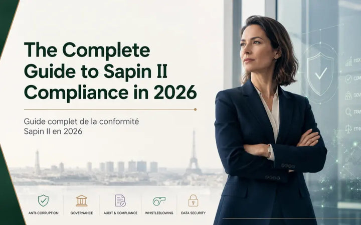 Sapin II compliance guide 2026 with governance, anti-corruption, and data security visuals