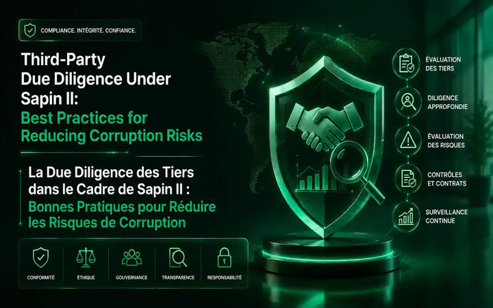 Infographic illustrating best practices for third-party due diligence under Sapin II, including risk assessment, background checks, contractual safeguards, and continuous monitoring, with English and French text and 3D compliance icons.