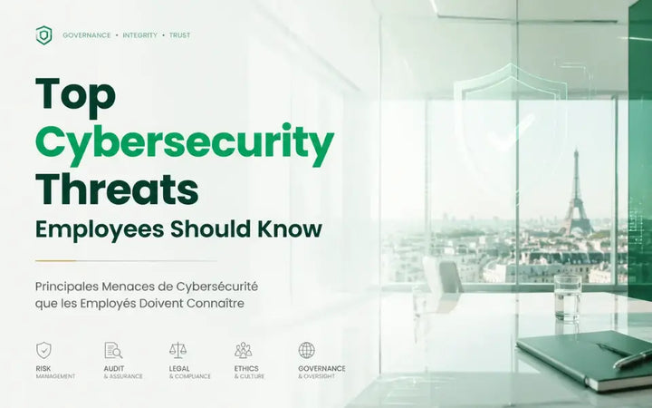 Modern corporate infographic highlighting top cybersecurity threats for employees, with governance and compliance icons, Paris cityscape, and emerald-green design accents.