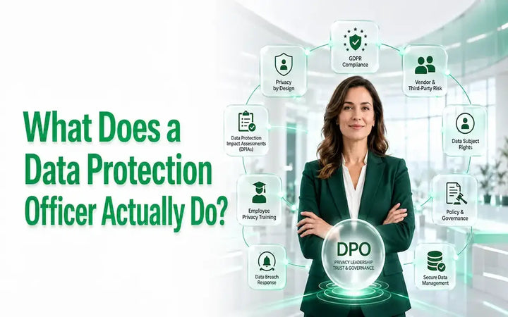 DPO feature image showing a Data Protection Officer coordinating RGPD compliance, DPIAs, privacy training, data breach response, governance, and secure data management.