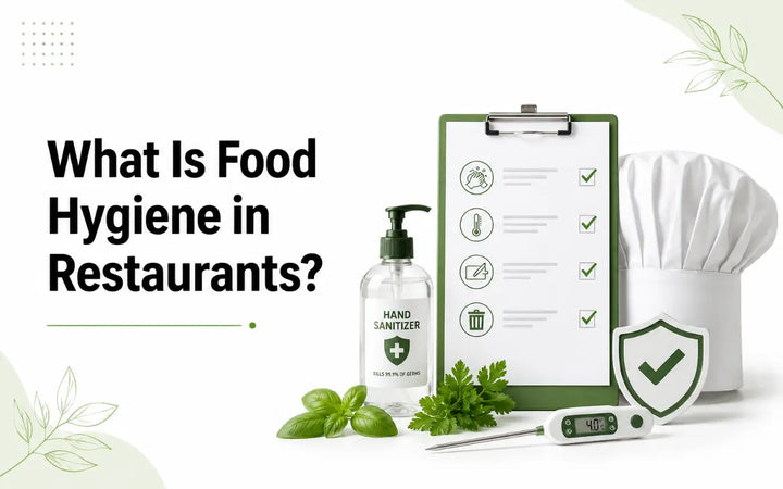 Restaurant food hygiene essentials with checklist, sanitizer, chef hat, thermometer, and safety symbol.