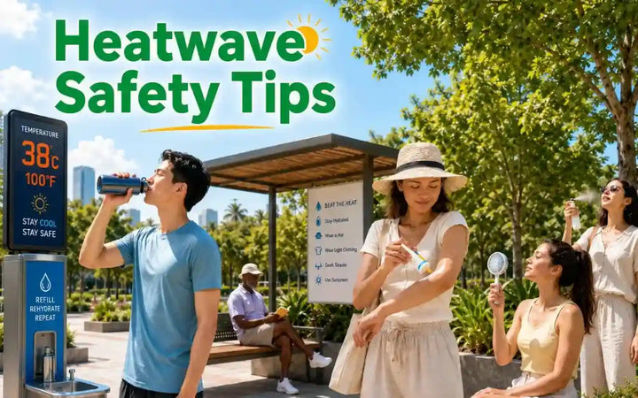 Heatwave safety infographic showing essential precautions to stay cool, prevent heatstroke, avoid dehydration, and stay safe during extreme heat conditions