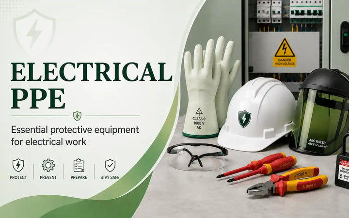 Electrical PPE for electrical work, including insulated gloves, helmet, face shield, safety glasses, tools, and lockout equipment.
