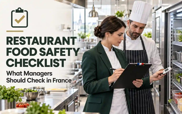 Restaurant food safety checklist for managers inspecting hygiene and temperature controls in a French commercial kitchen.