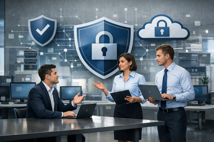 Alt text: Business professionals discussing cybersecurity and cloud data protection strategies in a modern office environment with digital security and privacy icons representing GDPR compliance and information security.
