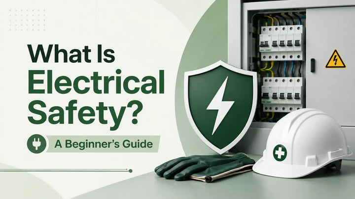 Beginner’s electrical safety guide featuring protective equipment, an electrical panel, and hazard warning symbols.