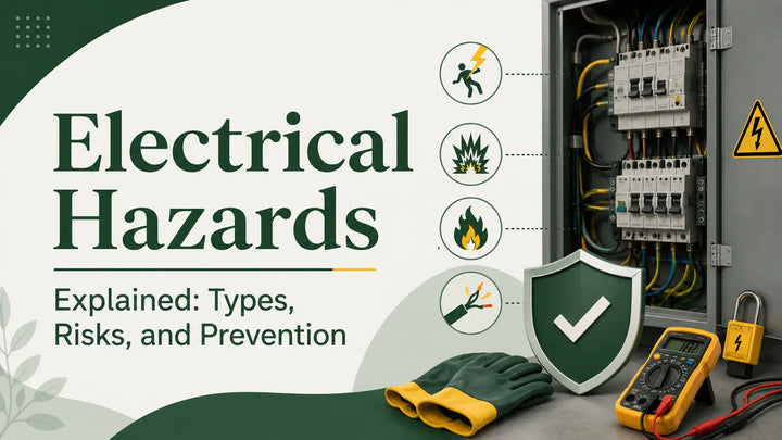 Electrical hazards infographic showing shock, arc flash, fire risks, protective equipment, and prevention measures.