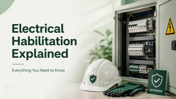 Electrical habilitation guide featuring an electrical panel, protective equipment, and authorized worker safety controls.
