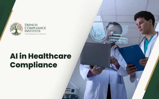 AI in healthcare compliance training with doctors using digital technology, highlighting artificial intelligence and regulatory compliance.