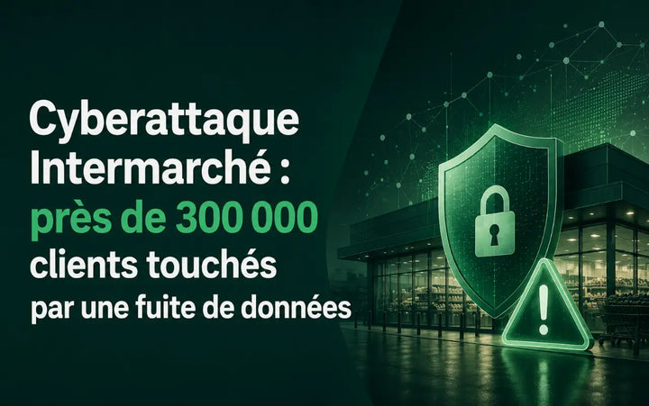 Cyberattaque Intermarché touchant près de 300 000 clients, illustrée par un supermarché, un bouclier de cybersécurité et une alerte de fuite de données.