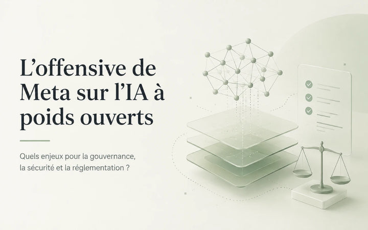 A clean, minimalist digital graphic in French with the title 'L'offensive de Meta sur l'IA à poids ouverts' on the left and abstract 3D illustrations of stacked translucent panels, a network node structure, a checklist sheet, and a scale of justice on the right.