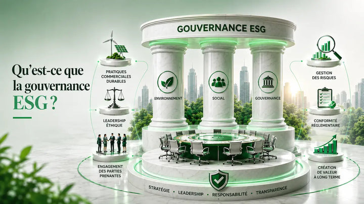 Cadre de gouvernance ESG avec les piliers Environnement, Social et Gouvernance guidant le leadership et la responsabilité d’entreprise.