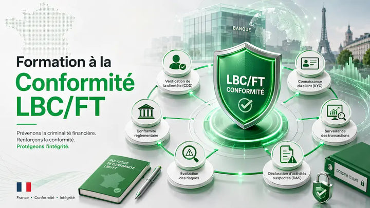 Visuel de formation LBC/FT avec bouclier vert et cycle de conformité financière.