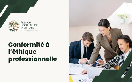 Bannière de formation à l’éthique et à la conformité professionnelle présentant des collaborateurs travaillant ensemble sur les normes et l’intégrité.