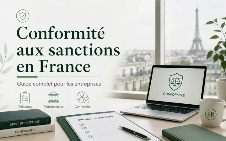 Conformité aux sanctions de l’UE en France illustrée par un bureau parisien, une checklist de conformité, des ouvrages juridiques et un ordinateur avec symboles réglementaires.