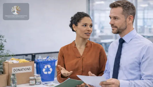 Two business professionals discussing sustainability and corporate social responsibility initiatives in an office environment with donation boxes and recycling bins in the background.