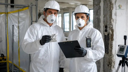 Two environmental safety inspectors wearing protective suits and respirator masks conducting hazardous material assessment and industrial site inspection inside a damaged building renovation area.