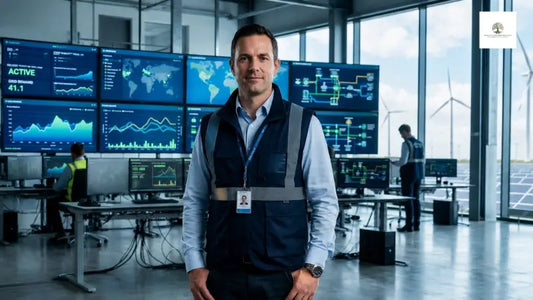 Energy operations manager standing in a modern control room with live monitoring dashboards, analytics screens, and renewable energy infrastructure, representing industrial cybersecurity, operational resilience, and critical infrastructure management.