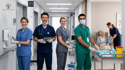 Healthcare professionals working in a modern hospital corridor while providing patient care, handling medical equipment, and following hygiene and clinical safety procedures in a healthcare environment.