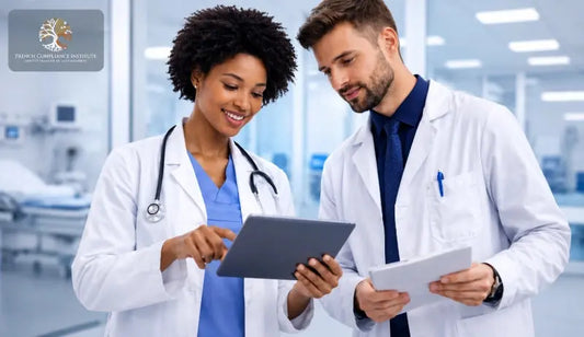 Two healthcare professionals in white lab coats reviewing patient data on a digital tablet inside a modern hospital, representing medical collaboration, healthcare technology, and clinical compliance training