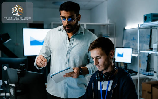 Two IT professionals collaborating in a modern technology workspace, reviewing data and digital systems on screens and tablets, representing cybersecurity, software development, and technical project management.