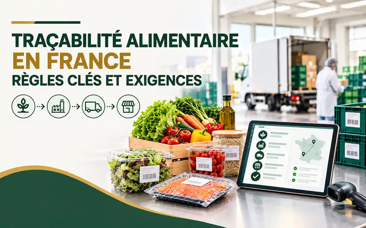 Traçabilité alimentaire en France : règles clés et exigences, de la production agricole à la distribution, avec des aliments étiquetés, un entrepôt logistique et un système numérique de suivi des produits.