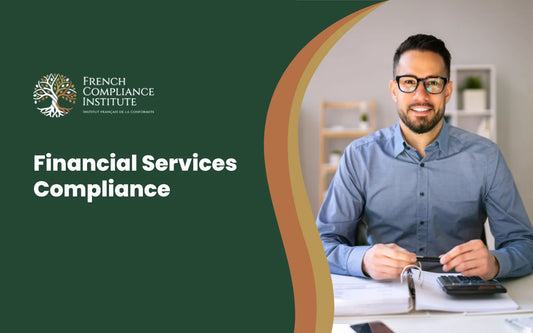 Financial services compliance training banner featuring finance professional, calculator and documents for regulatory compliance.