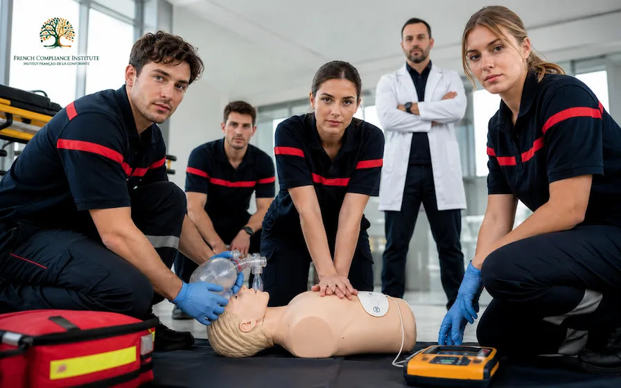Group of people practicing CPR on a mannequin with medical equipment in a training setting.