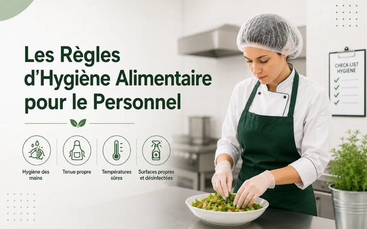 Règles d’hygiène alimentaire pour le personnel en restauration : hygiène des mains, tenue propre, températures sûres et surfaces désinfectées.