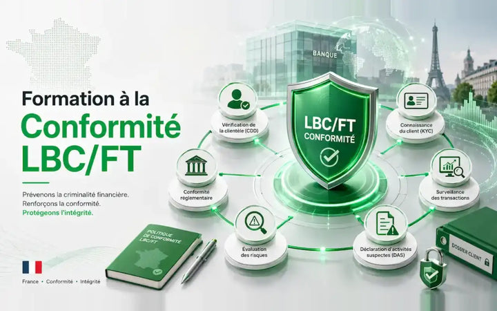 Visuel de formation LBC/FT avec bouclier vert et cycle de conformité financière.