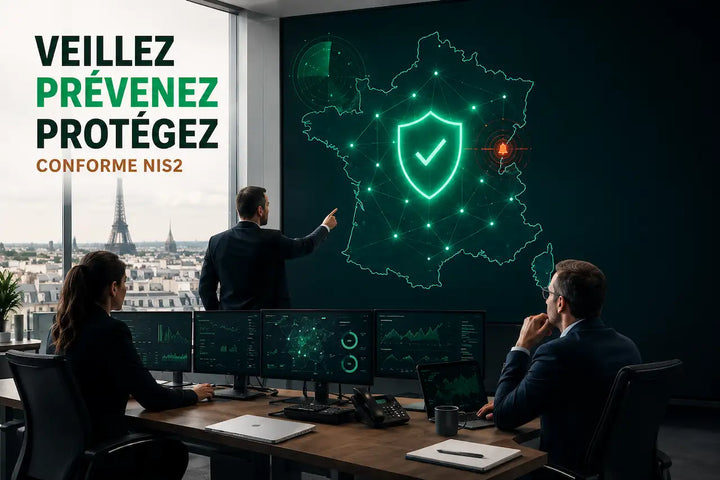 Équipe de cybersécurité surveillant une cyber threat France sur une carte numérique protégée, avec une alerte active, un bouclier de sécurité et un message de conformité NIS2.