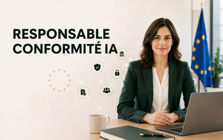 AI compliance officer dans un bureau européen coordonnant gouvernance, vie privée, cybersécurité et conformité réglementaire de l’IA.
