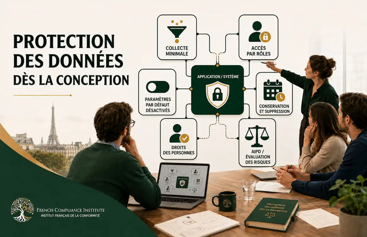 Image privacy by design France montrant une équipe intégrant minimisation, accès par rôles, paramètres par défaut, conservation, droits et AIPD dès la conception.