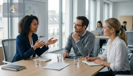 Diverse business professionals in a modern office meeting discussing project strategy, team collaboration, and workplace communication in a professional corporate environment.