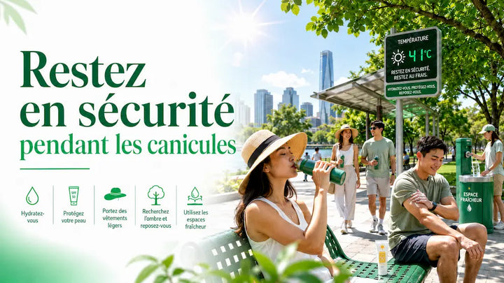 Conseils de sécurité contre la canicule avec hydratation, ombre et espace fraîcheur
