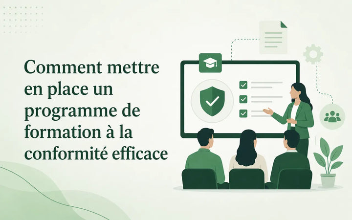 Illustration d’un compliance training program montrant une formatrice présentant des règles de conformité, des checklists et des objectifs d’apprentissage à des employés lors d’une formation en entreprise.