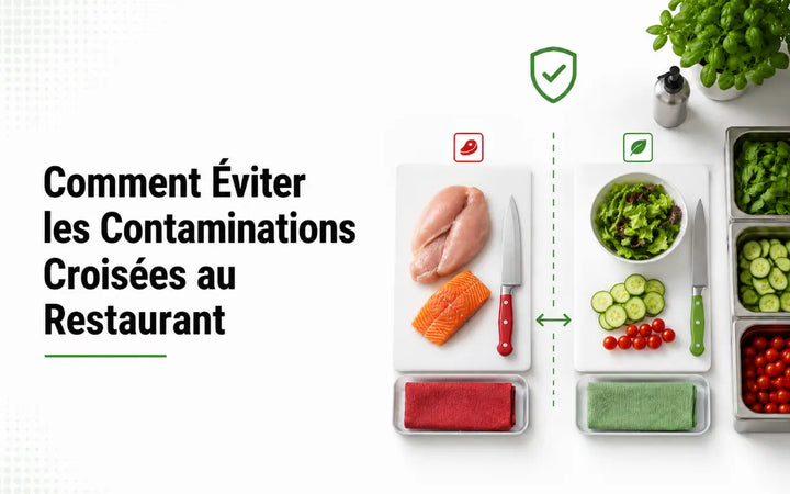 Prévention des contaminations croisées au restaurant grâce à la séparation des viandes crues, légumes, ustensiles et zones de préparation.