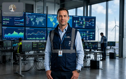 Energy operations manager standing in a modern control room with live monitoring dashboards, analytics screens, and renewable energy infrastructure, representing industrial cybersecurity, operational resilience, and critical infrastructure management.