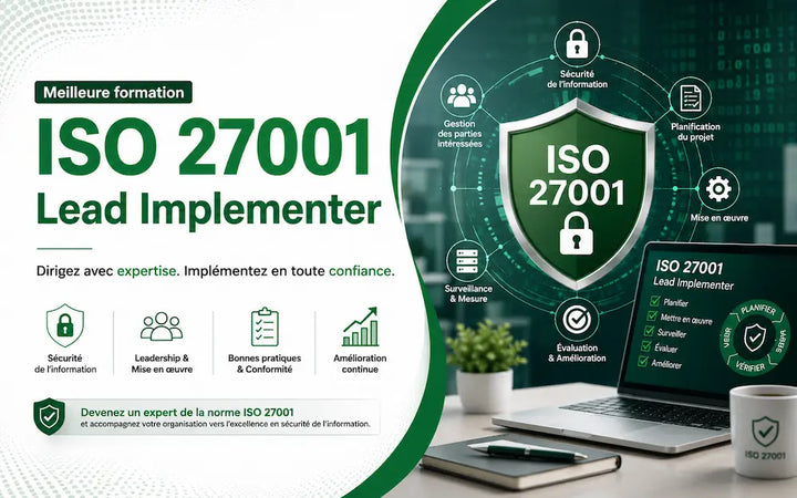Bannière de formation ISO 27001 Lead Implementer présentant la sécurité de l'information, la mise en œuvre de l'ISMS, la conformité et la certification ISO 27001.
