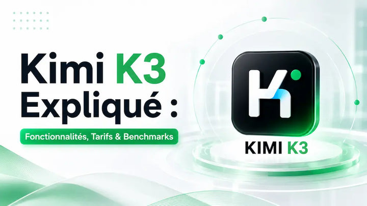 Image de couverture Kimi K3 expliquant les fonctionnalités, les tarifs et les benchmarks, avec le logo Kimi K3 sur un fond technologique moderne aux accents verts.