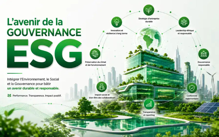 Illustration de la gouvernance ESG avec siège social durable et écosystème ESG.