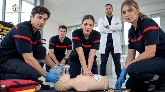 Formation SST en France avec secouristes pratiquant la réanimation cardio-pulmonaire et l’utilisation du défibrillateur