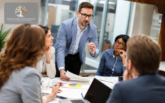 Business team meeting in a modern office with a manager presenting ideas and project updates to colleagues during a collaborative corporate strategy discussion.