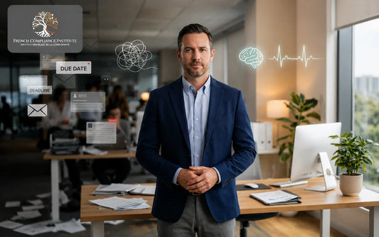 Professional business leader standing in a modern office with digital productivity and mental wellness icons, representing workplace performance, stress management, leadership, and organisational efficiency.
