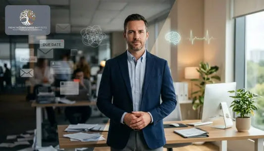 Professional business leader standing in a modern office with digital productivity and mental wellness icons, representing workplace performance, stress management, leadership, and organisational efficiency.