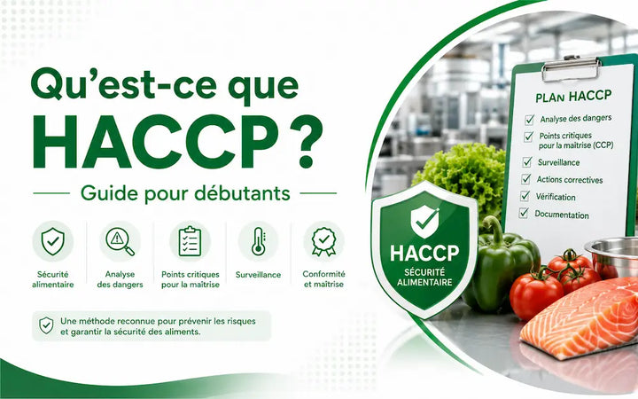 Qu’est-ce que HACCP ? Guide pour débutants illustrant les principes de sécurité alimentaire, l’analyse des dangers et le plan HACCP.