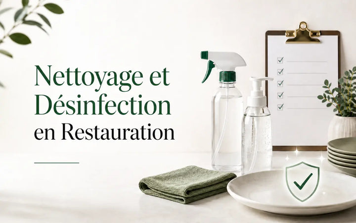 Guide de nettoyage et désinfection en restauration avec produits d’entretien, checklist et vaisselle désinfectée.