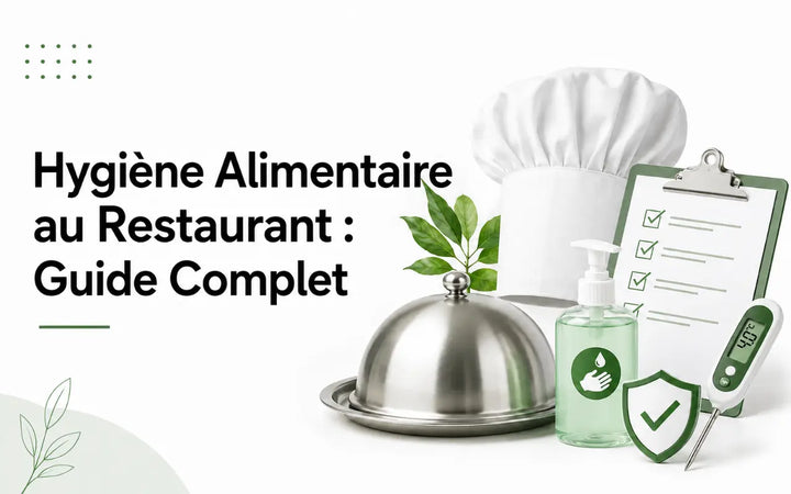 Guide d’hygiène alimentaire au restaurant avec toque de chef, checklist, désinfectant, thermomètre et symboles de sécurité.